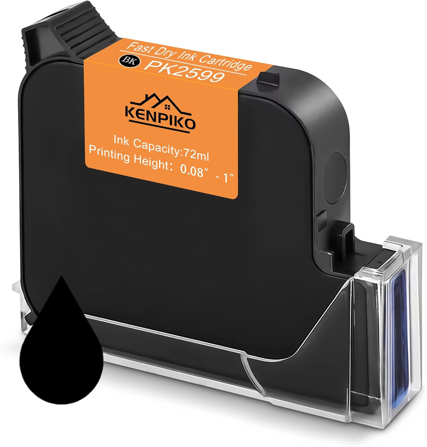 72ml Black Fast Dry Ink Cartridge PK2599 for 1 Inch Print Height Handheld Inkjet Printer KP008, 1inch/25.4mm Solvent Quick-Drying Ink Cartridge Replacement - Black