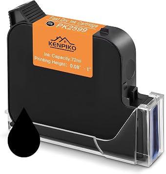 72ml Black Fast Dry Ink Cartridge PK2599 for 1 Inch Print Height Handheld Inkjet Printer KP008, 1inch/25.4mm Solvent Quick-Drying Ink Cartridge Replacement - Black