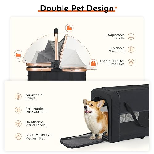 Miniatura 6 de Cochecito doble para mascotas para perros pequeños y medianos Cochecito para perros 4 en 1 para 2 mascotas, desmontable y plegable con ruedas