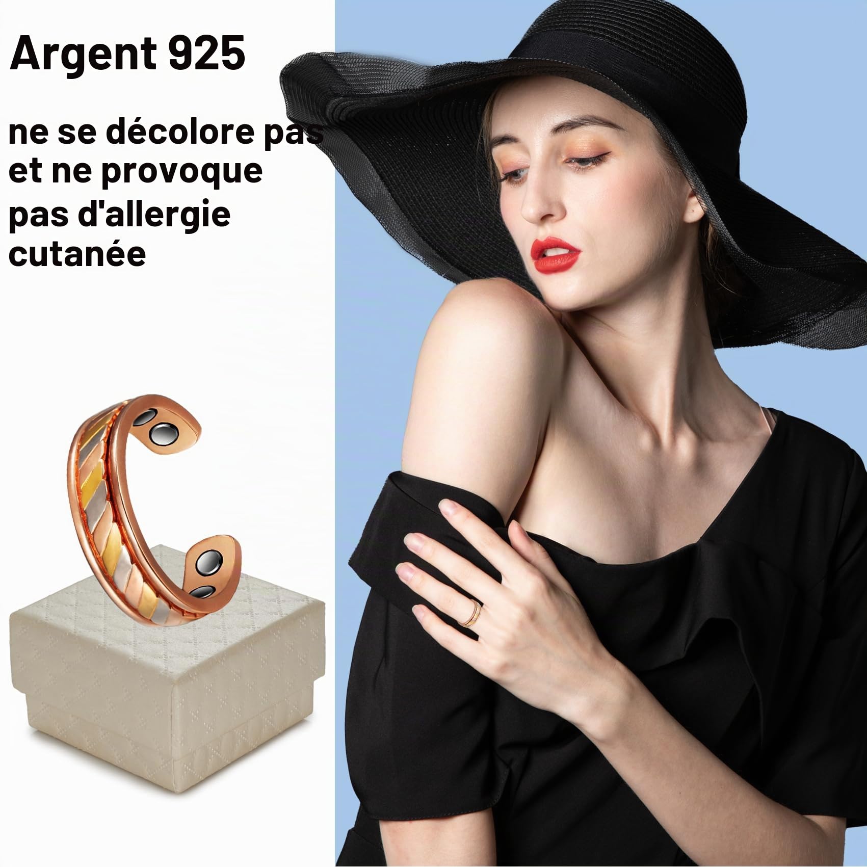 S925 Bague magnétique en argent pour l'arthrite 3500 gauss 4 aimants, soulage efficacement la douleur de l'arthrite et favorise la circulation sanguine, 2.3 pouces