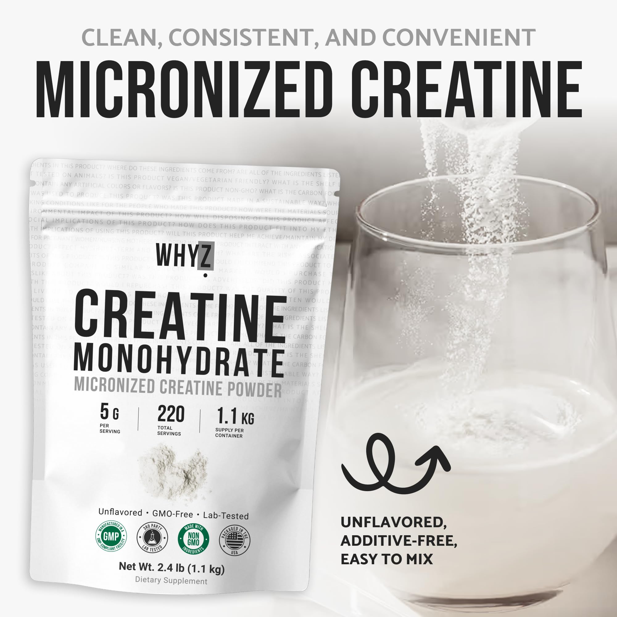 WHYZ Pure Creatine Monohydrate Powder, 2.4 lb (1100g), Micronized & Unflavored for Men and Women, Fine Texture for Smooth Mixing & Easy Dissolve, Vegan Friendly — Amazon image 5