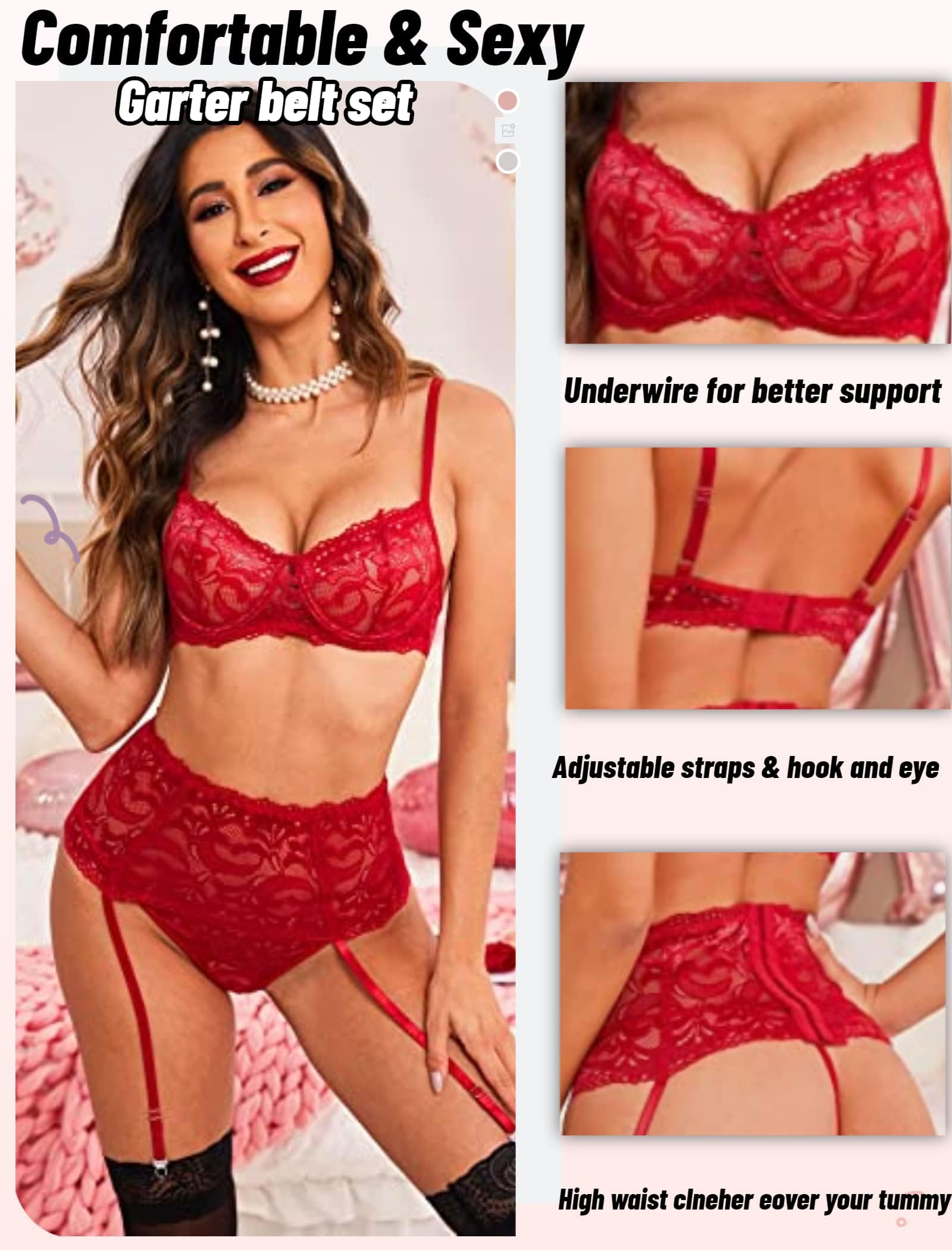Avidlove Women Lingerie Set High Waisted Underwire Lingerie With Garter Belt Lace Babydoll: Medium Red-2