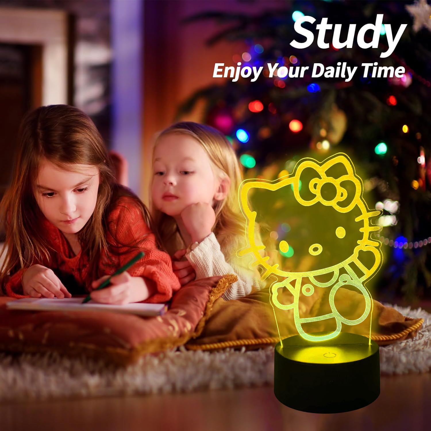 Lampara Gato, Kitty Accesorios 3D Tridimensional Luz Quitamiedos Infantil, Control Táctil Inteligente 7 Colores LED Lámpara Cabecera, Adecuado Para Niños Y Niñas Regalo Cumpleaños, Regalo Navidad