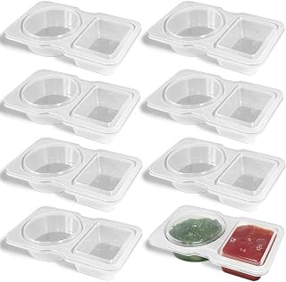 8Pcs Double Compartment Condiment Containers with Lids, Reusable Plastic Snack Containers for To-Go Sauces, Sampling, Travel Snacks, Disposable 2-Compartment Snack Cups