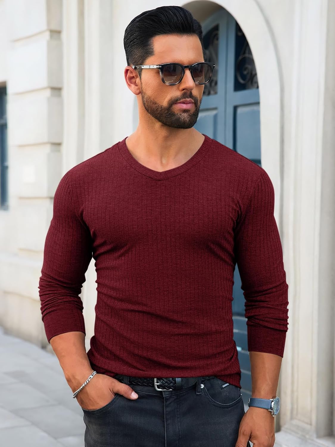 Yousify Mens V Neck Shirts Long Sleeve Casual Ribbed Slim Fit Shirt Muscle Athletic Gym Lightweight Tops - Image 2