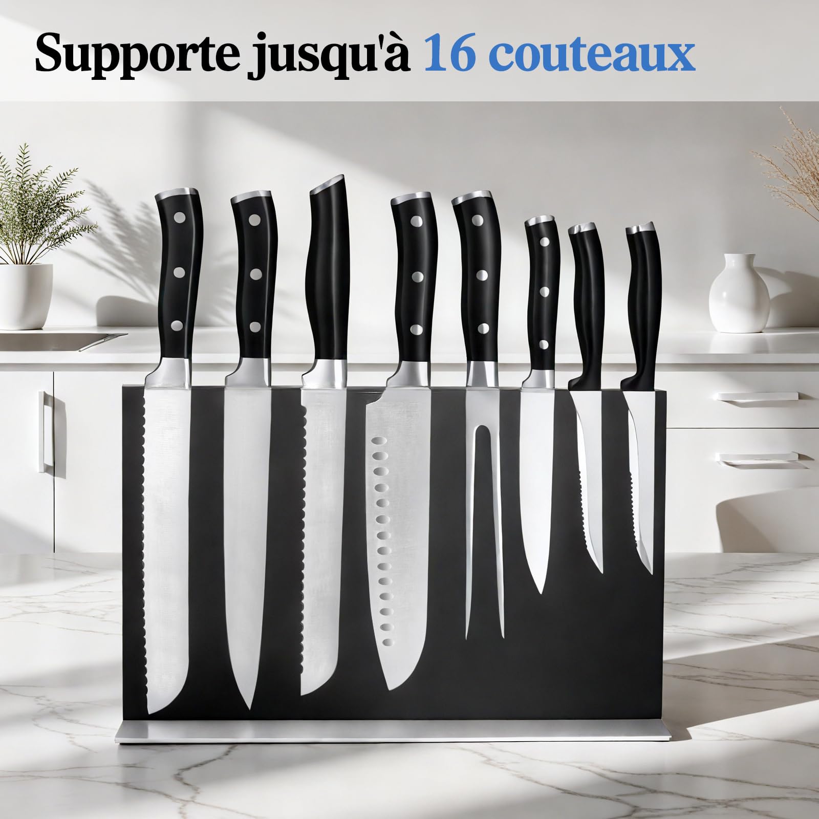 ENOKING Grand Porte Couteaux Aimanté, Double Face Bloc Support Couteaux Aimanté, Porte Couteau Aimanté en Acier Inoxydable, Range Couteaux de Cuisine sûr et peu Encombrant（35cm,Noir）