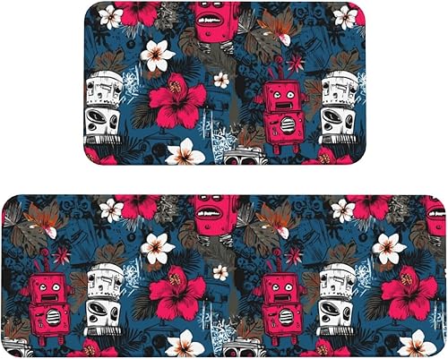 Antifatigue Kitchen Mats for Floor 2 Piece - Tropical Retro Robots Print Kitchen Rugs Non Slip Washable, Runner Rug Standing Mat for
