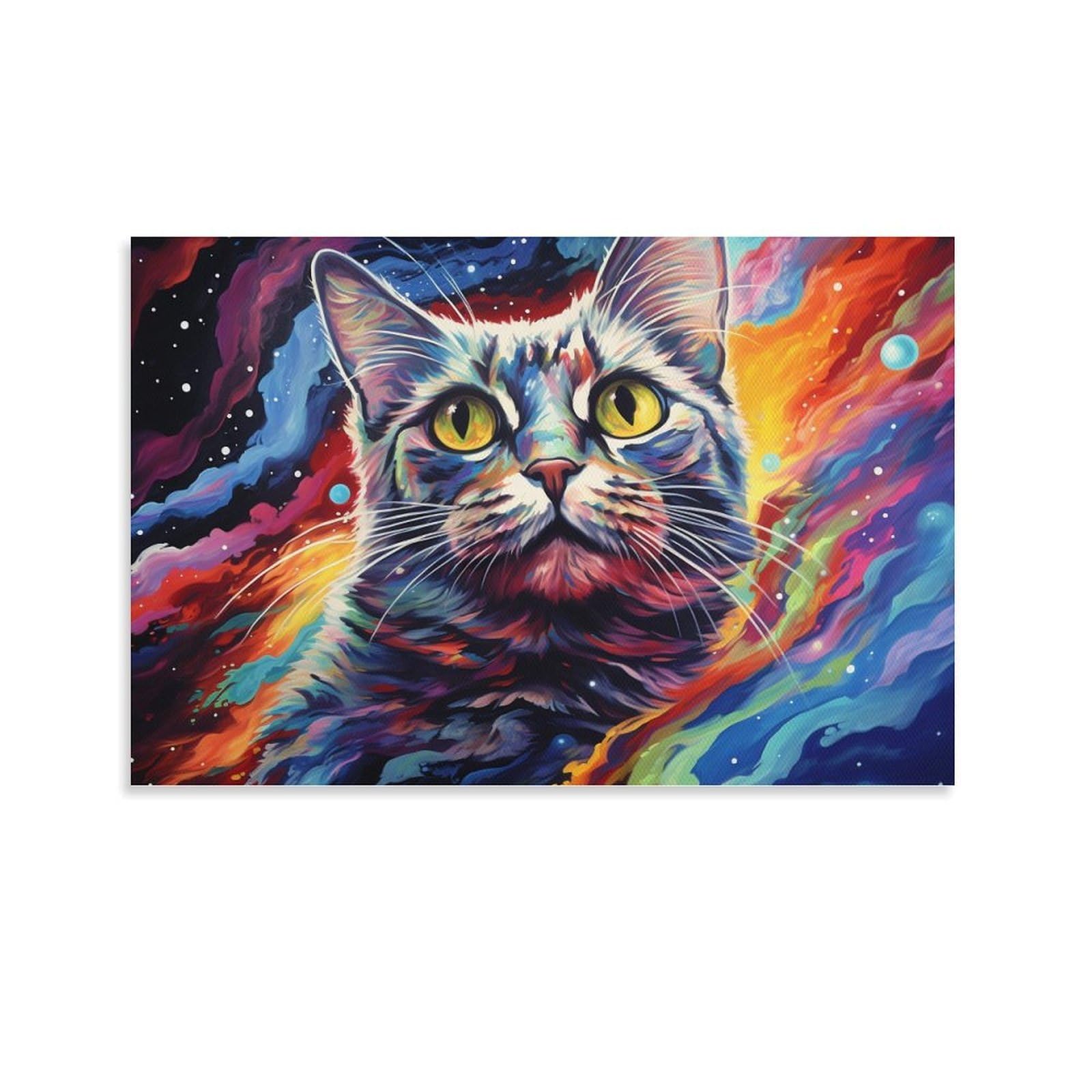 CPLVKWRQJ Bright Magical Colorful Individual Colorful Cosmic Cat Portrait Canvas Wall Art - Office Canvas Print Fade Resistant Wall Focal Art Ready to Hang 08x12inch(20x30cm)