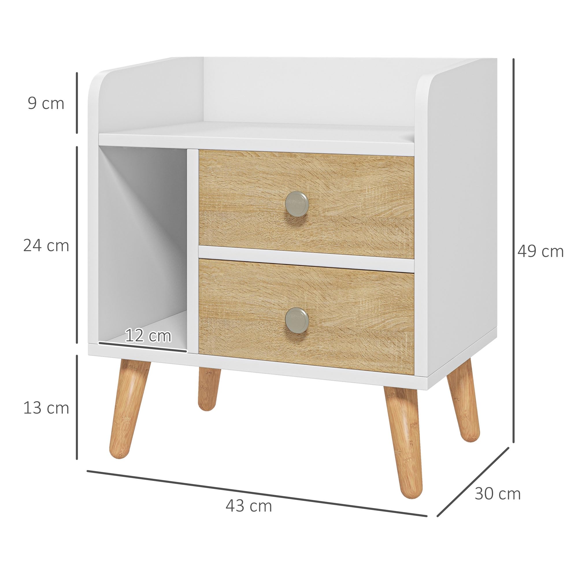 HOMCOM Mesita de Noche 2 Cajones Patas Elevadas de Pino 43x30x49 cm Blanco