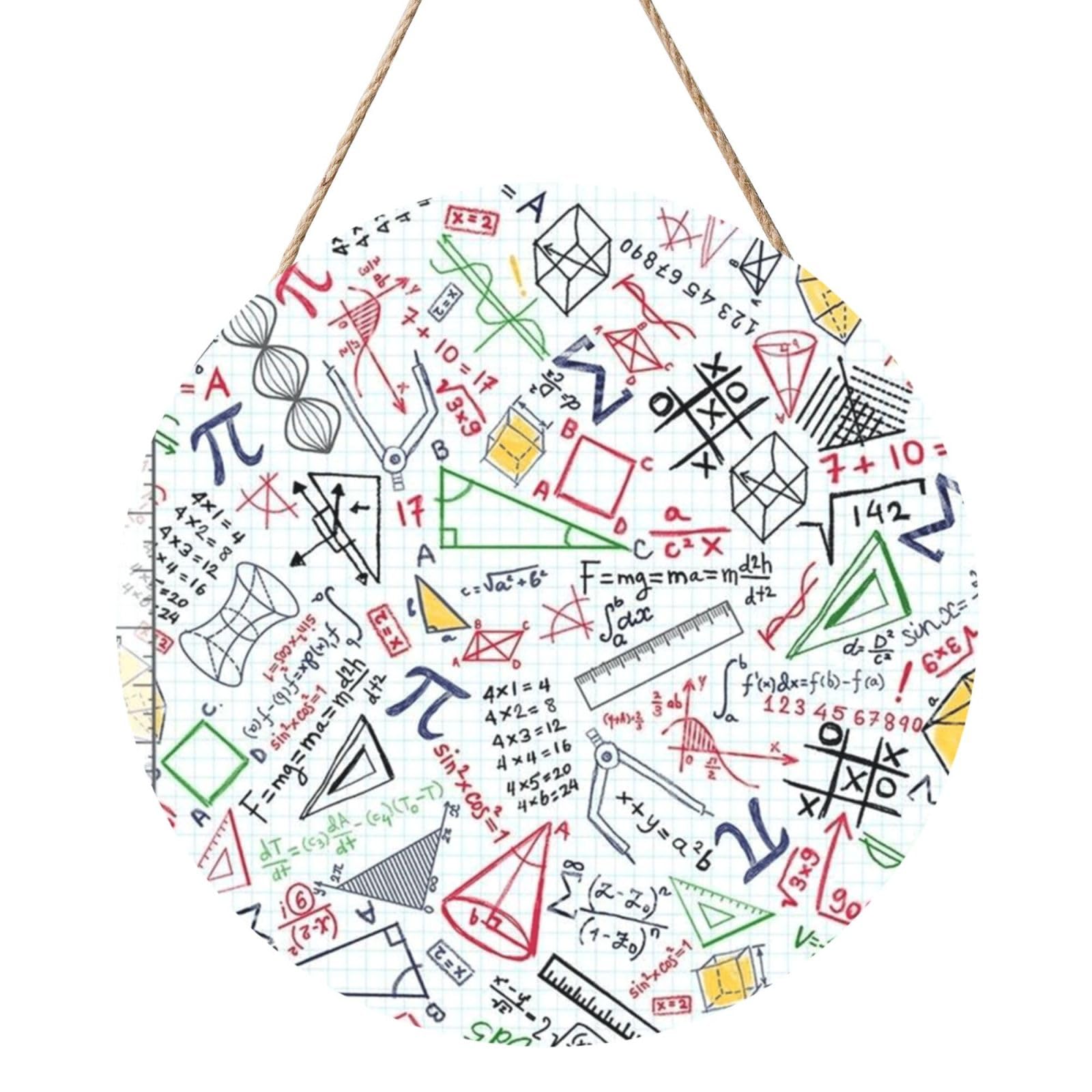 InOmak Colorful Math Doodles On Grid, Round Wood Panel Painting 12 in, Wall Hanging Painting For Home