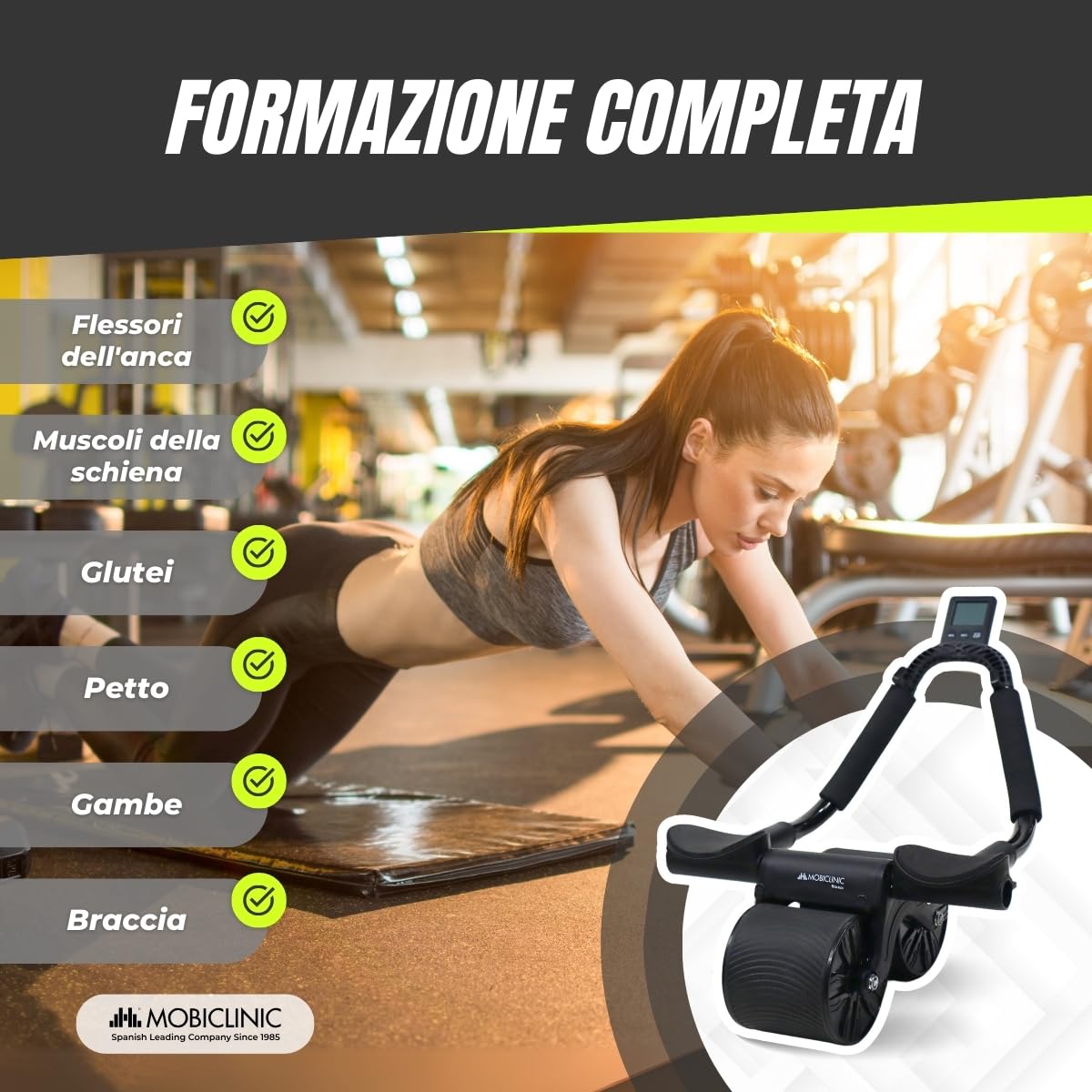 Mobiclinic®, Ruota addominale con rimbalzo automatico, Ab roller, Supporto per i gomiti, Timer digitale, Tappetino antiscivolo, Doppia, Portacellulare, Ra-02, Palestra domestica, Fitness