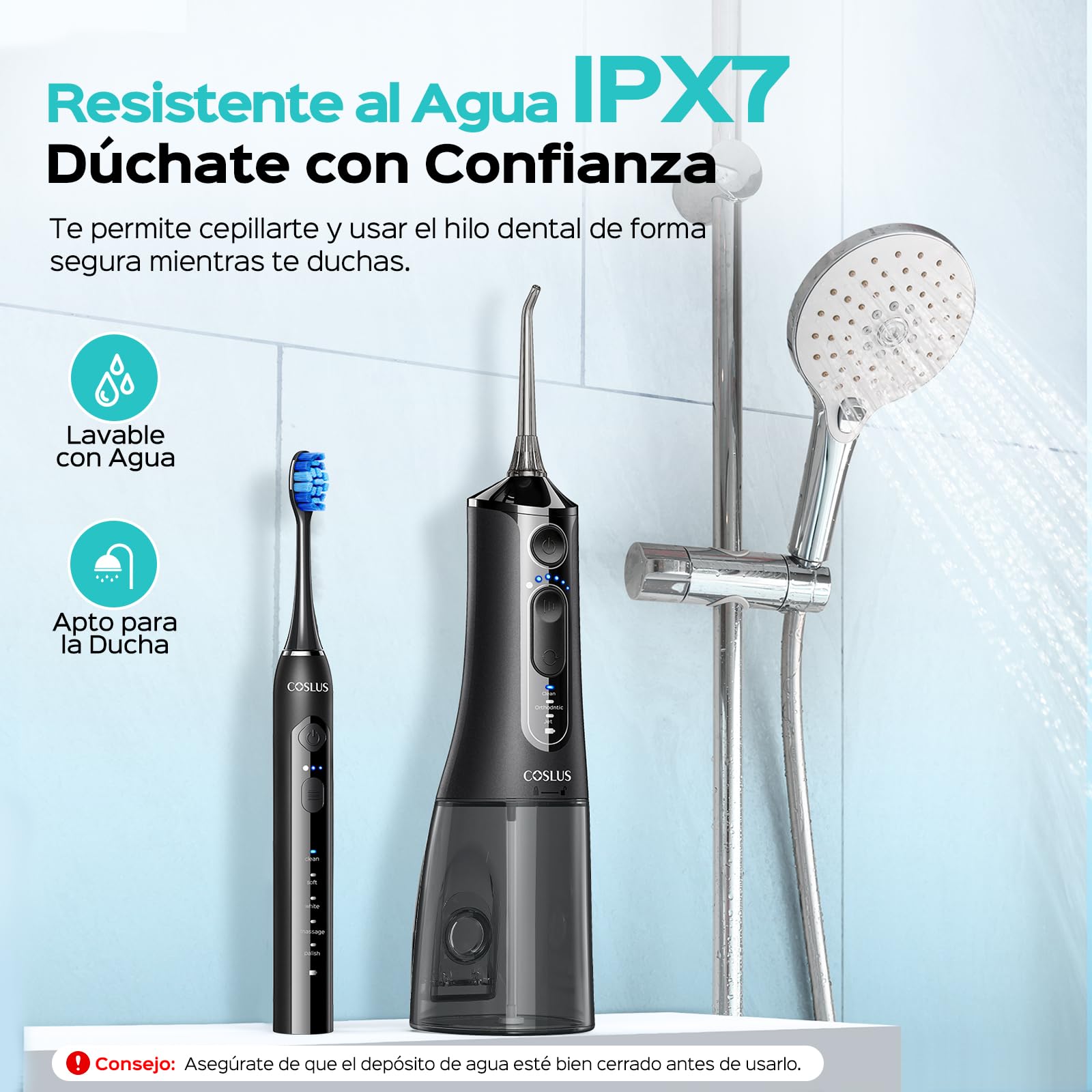 COSLUS C51C30 Cepillo de Dientes Eléctricoo con Irrigador Dental: Kit Limpieza Bucal Portátil para Cepillado y Hilo Dental, Varios Modos para Usuarios, Inalámbrico para Casa y Viajes, Negro y Azul.