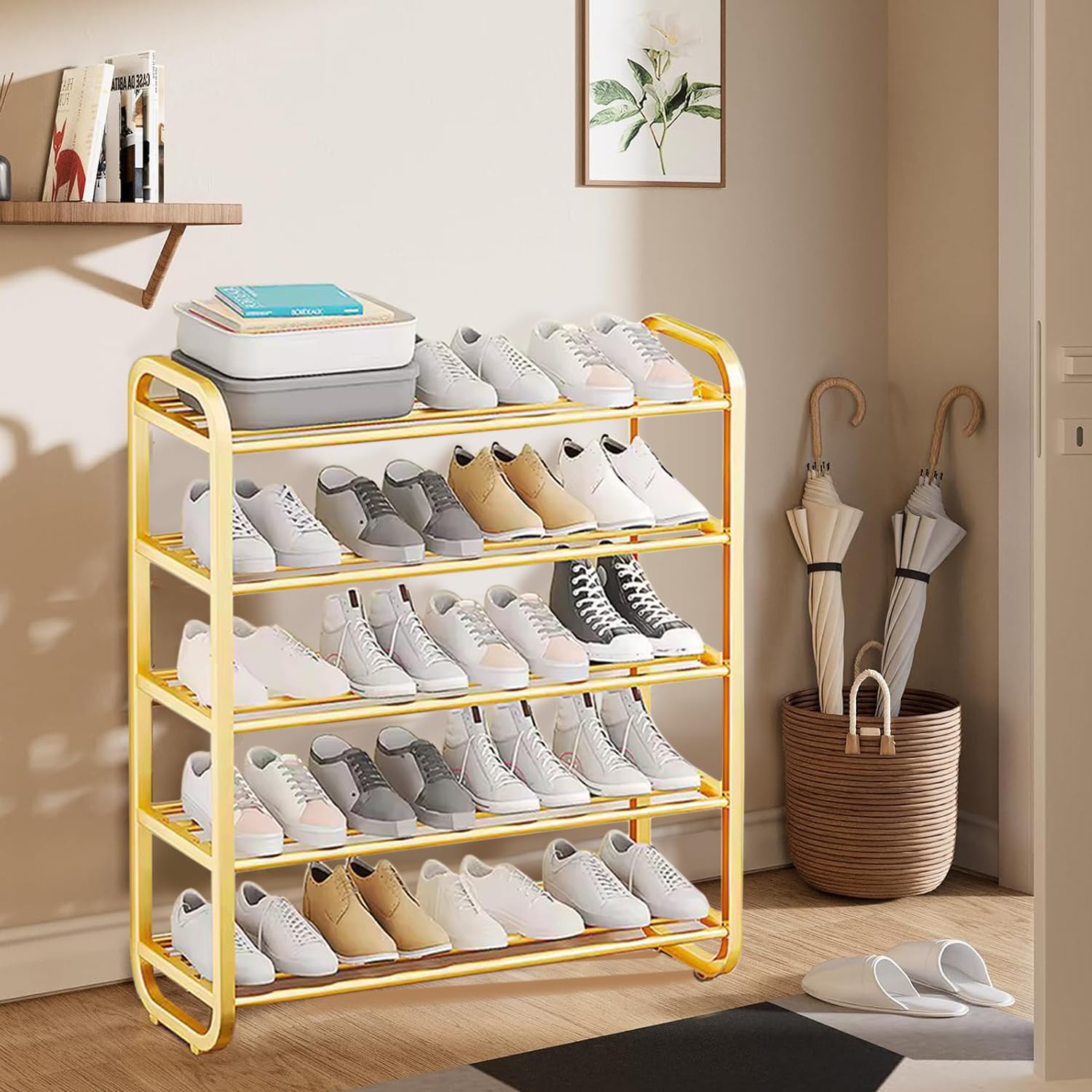 5 Tier Golden Shoe Rack, Metal Shoes Stand, Entryway Vertical Shoe Rack Organizer Shelf, Space-Saving Shoe Storage Organizer, Shoe Shelves for Home Living Room, Entryway Hallway, Office Furniture