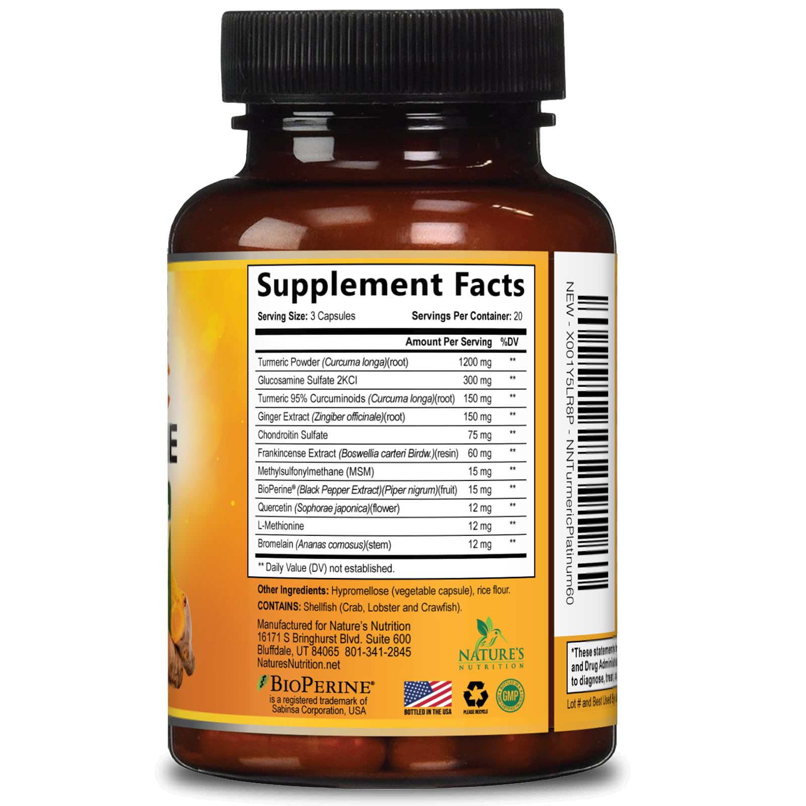 Turmeric Curcumin Supplement - 95% Curcuminoids with Glucosamine, Ginger & MSM, BioPerine Black Pepper Extract for Best Absorption, Natural Vegan Joint Support, Non-GMO, Bottled in USA - 60 Capsules — Amazon image 9