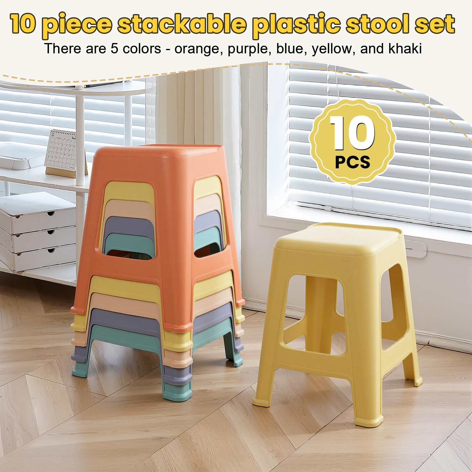 Confezione da 10 sgabelli estraibili in plastica da 18,5 pollici di altezza, sedie impilabili portatili senza schienale per sala da pranzo, scuola, ufficio, casa con bordi arrotondati 10 pezzi