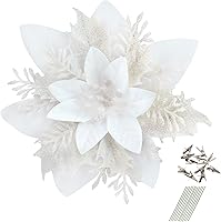 Vista 20 de GREENTIME 12 flores de Pascua artificiales con purpurina de 5.5 pulgadas, tallos de Navidad, con clips, adornos para árbol de Navidad para Campeón