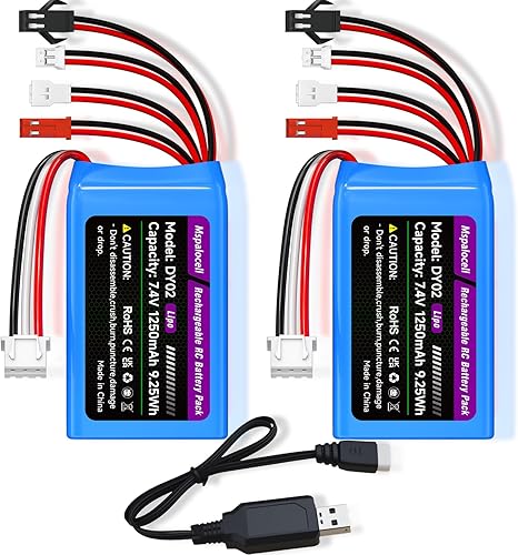 Batería Lipo de 7.4V 2S 25C 1250mAh recargable RC batería JST & PH2.0 & MX2.0 y MJ conector de enchufe con cargador USB para SCX24 CR18P FCX18 FCX24
