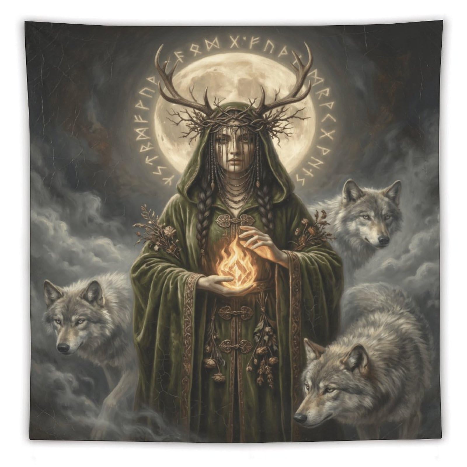 H3B8U2Y5 Wolf Goddess Green Robe Wall Tapestry, Celestial Animal