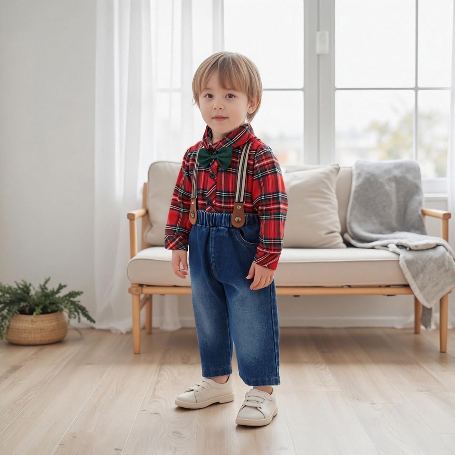 Toddler Baby Boys Christmas Gentleman Outfit Bow Tie Long Sleeve Plaid Shirt Suspender Long Pants Formal Set - Image 3