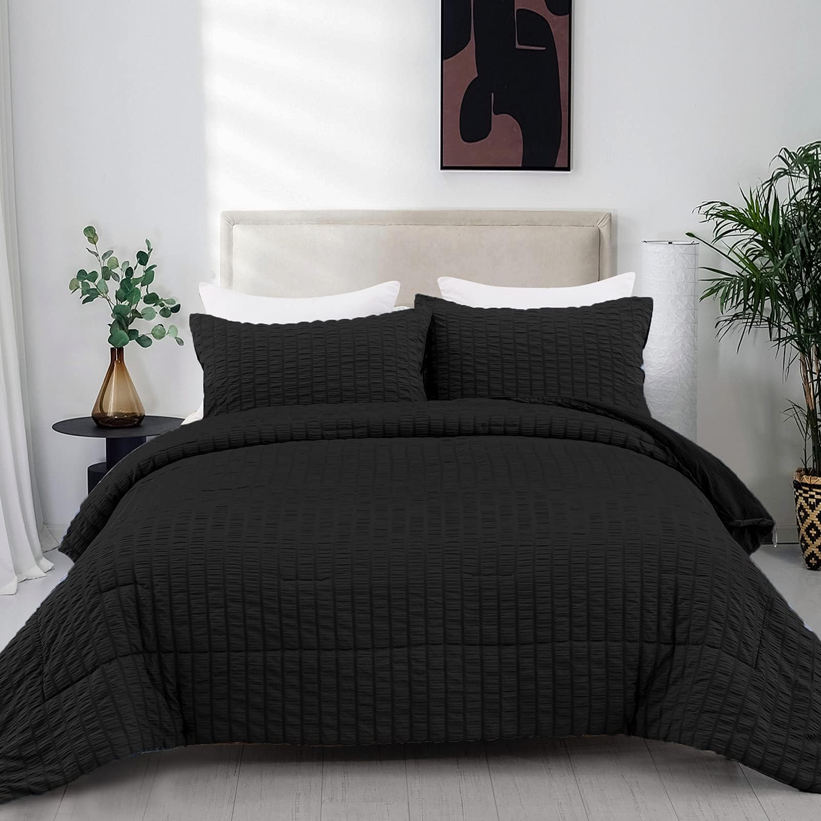 Black Seersucker Comforter Set King 3 Pieces (1 Solid Comforter +2 Pillowcases) Striped Textured Bedding Comforter Set for All Season, Soft Microfiber Down Alternative Duvet Insert Set 90”x 103”