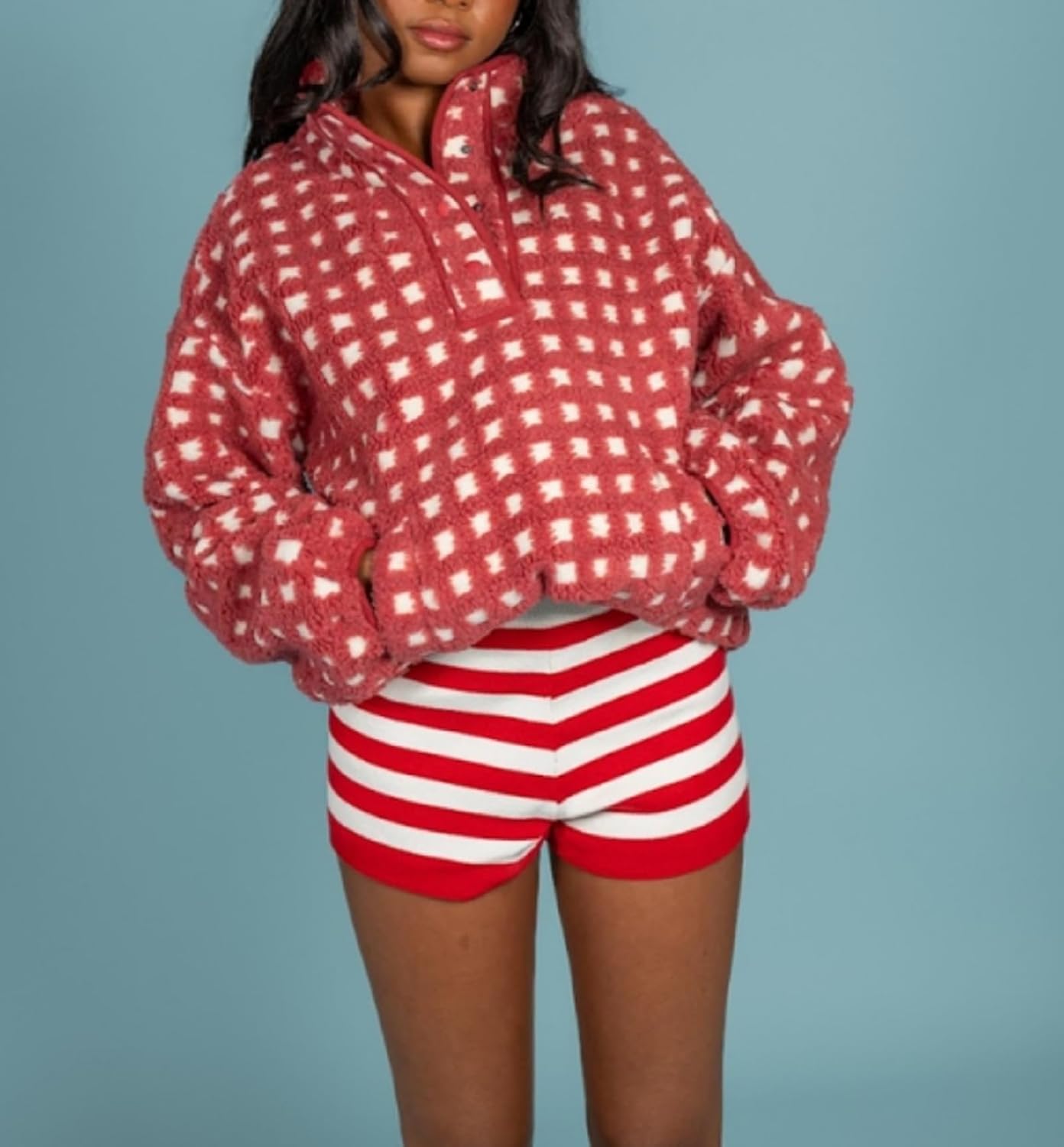 Womens Half Zip Sherpa Striped Fleece Jacket Stand Collar Long Sleeve Drawstring Oversized Sweatshirt Outerwear - Image 2