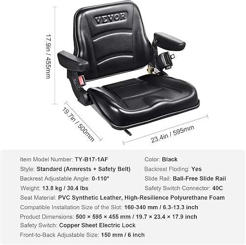 Vista 16 de VEVOR Asiento universal de carretilla elevadora, asiento de tractor plegable con respaldo de ángulo ajustable y micro interruptor, 6.3-13.4