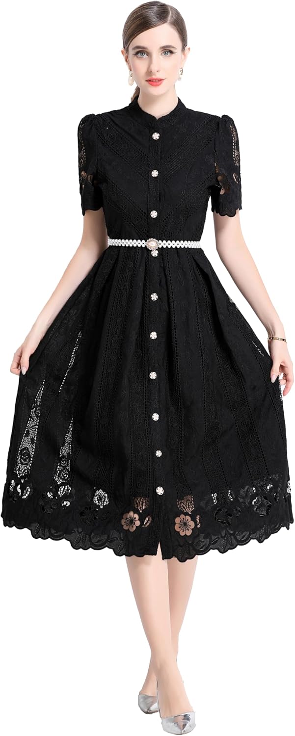 LAI MENG FIVE CATS Women's Elegant Hollow Out Short Sleeve Button Summer Lace Midi Dress Pearl Belt