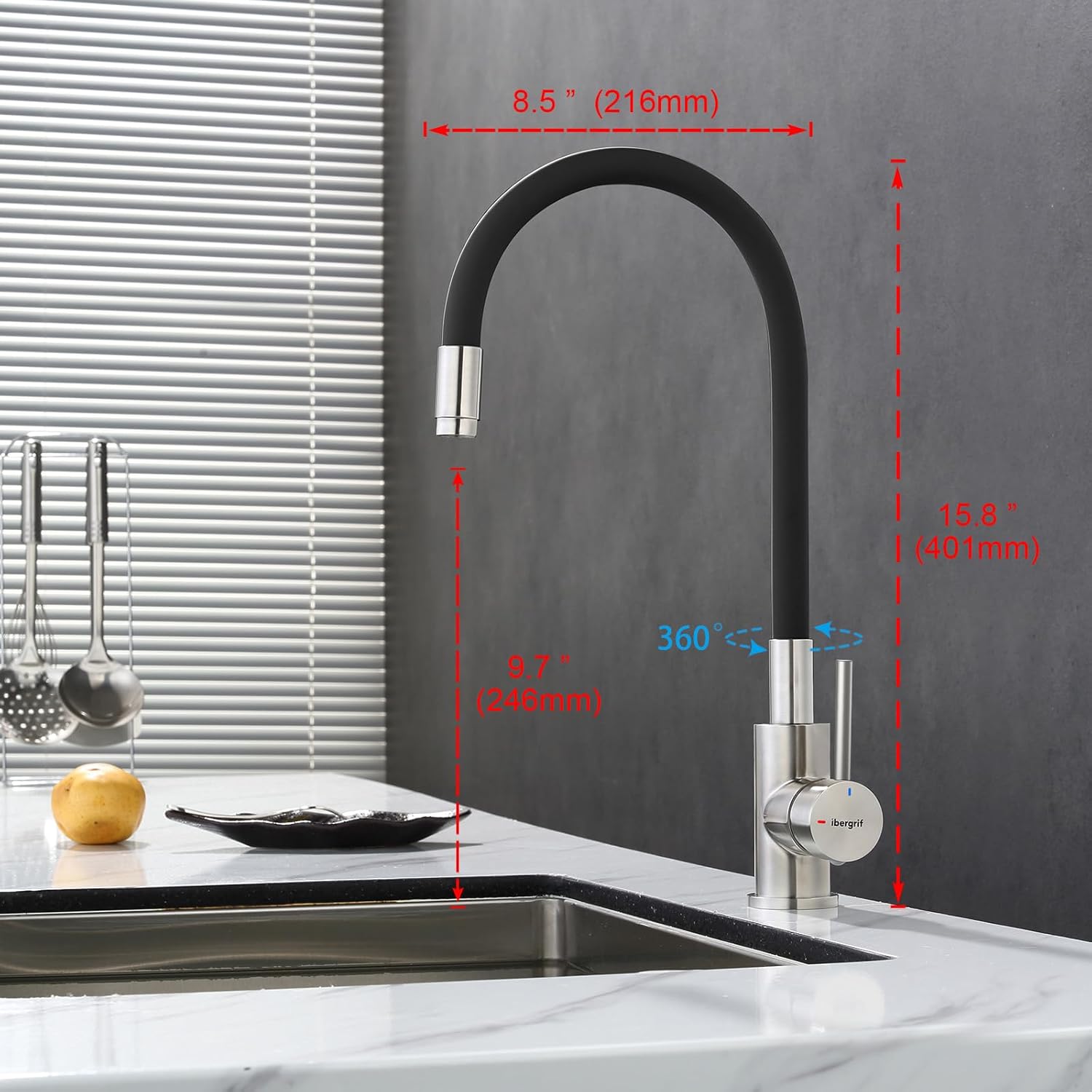 Diagram showing the dimensions of the Ibergrif M22119-2 kitchen faucet, including total height, spout height, and spout reach in inches and millimeters.