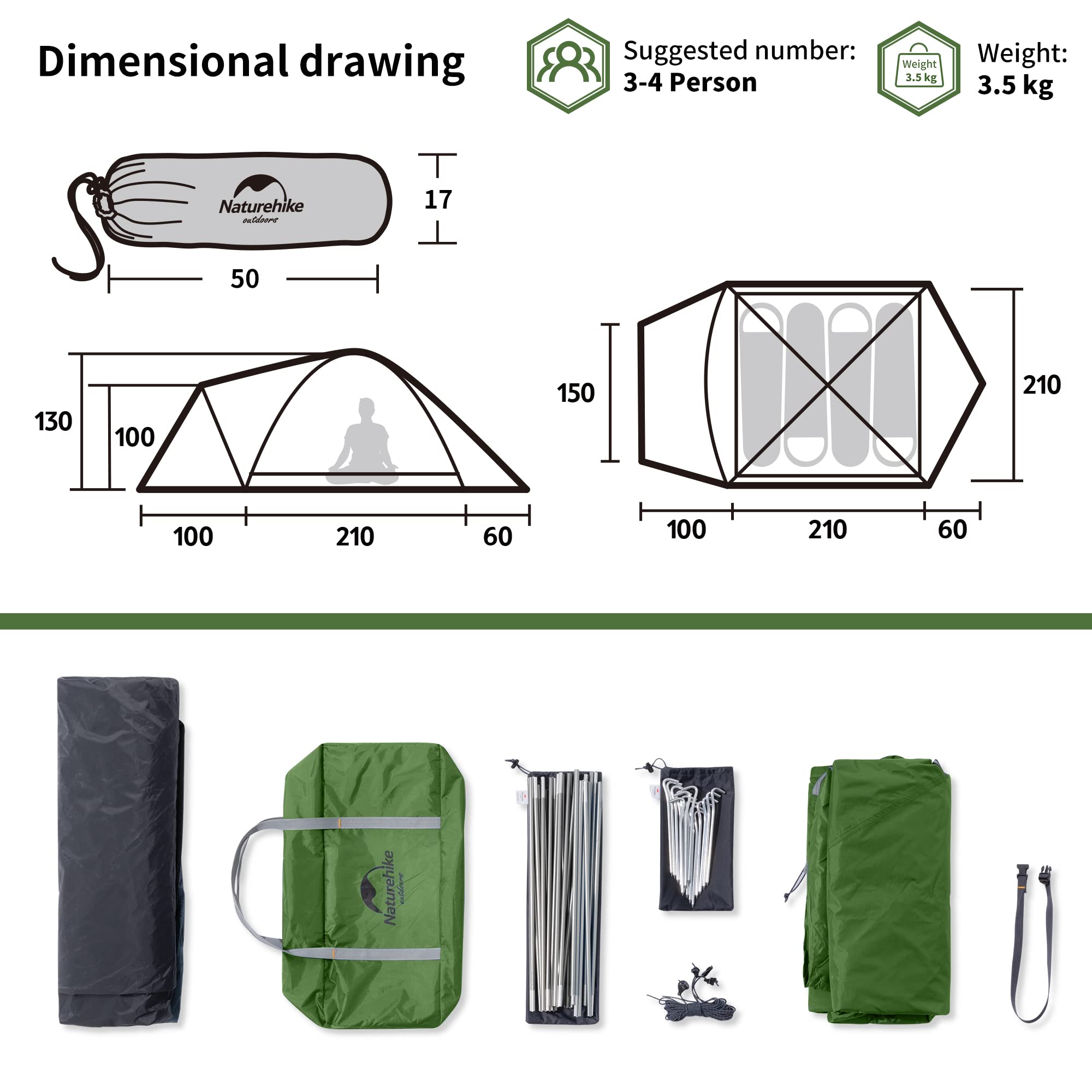 Naturehike P-PLUS Ultralekki Rodzinny Namiot Kopułowy Namiot 3-4 Osobowy Namiot Aluminiowy 3-4 Sezony Wodoodporny Samowentylowany Na Zewnątrz Kemping Piesze Wycieczki