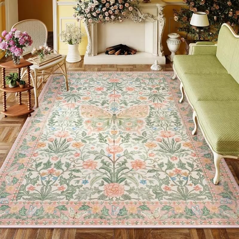 Tapis à motif floral et papillons grand tapis de sol doux antidérapant salon chambre