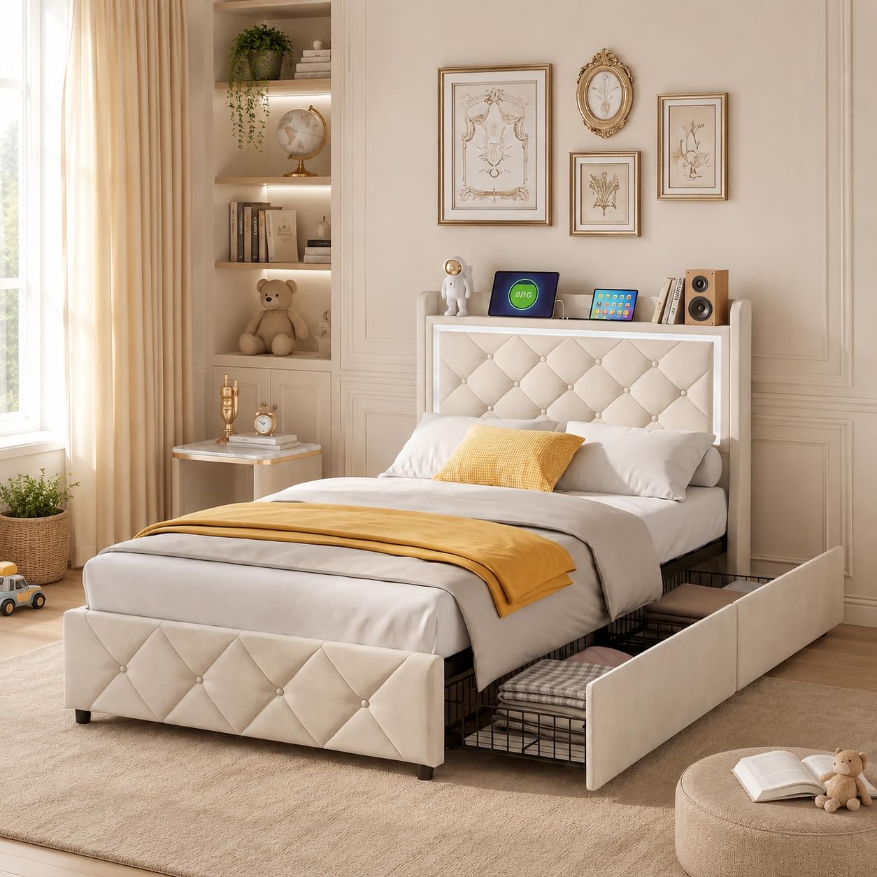 Kinderbett 90x200 cm mit 4 Schubladen, Einzelbett Polsterbett für 1 Kinder mit LED-Beleuchtung und USB, Jugendbett mit Stauraum, Kopfteil mit Stauraum, Flanell, Beige (Beige-d, 90x200 cm)