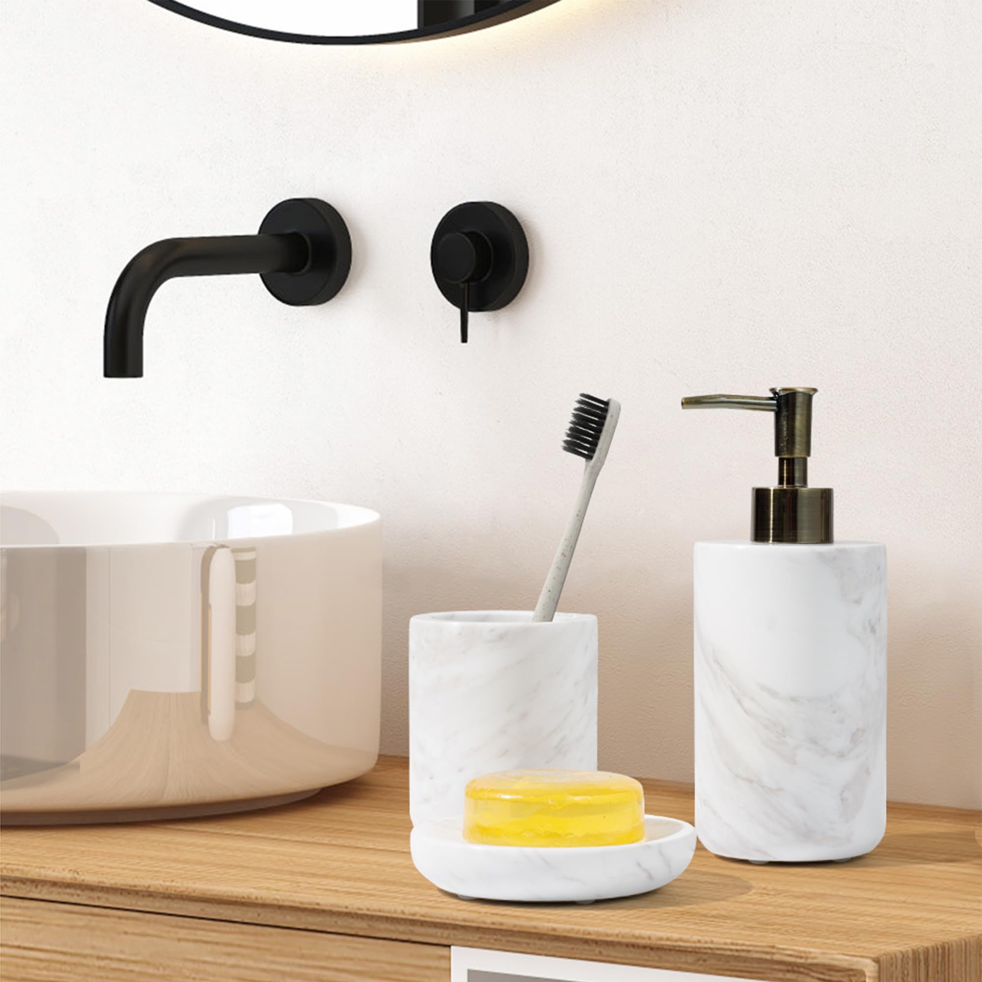 WH054 - Juego de accesorios de baño de mármol natural de Italia, juego de accesorios de baño de 3 piezas con soporte para cepillo de dientes, dispensador de jabón líquido y bandeja de jabonera,