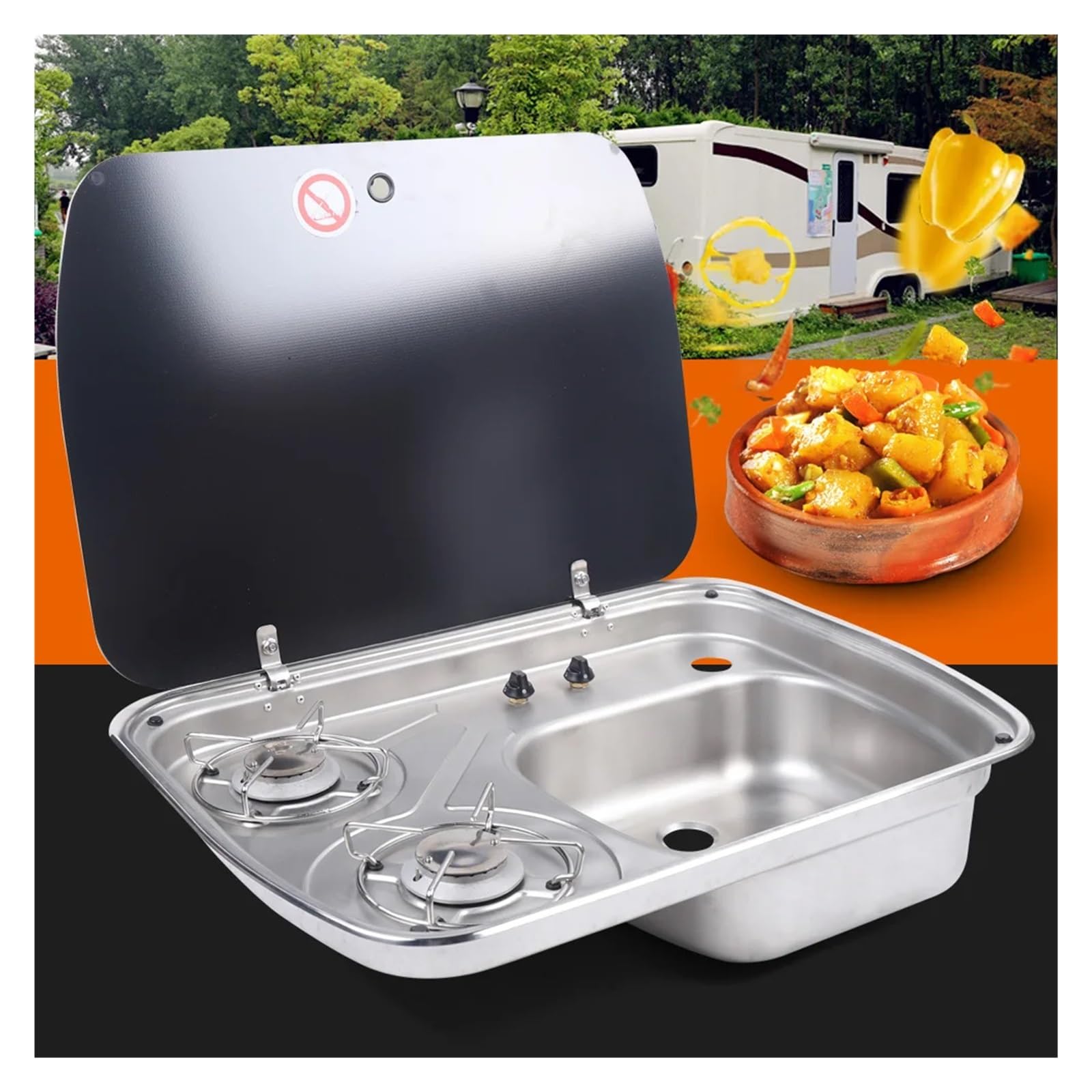 Cucina for Camper, roulotte, Barca, Piano Cottura a Gas a 2 fuochi e lavello con Coperchio in Vetro temperato, lavabo in Acciaio Inossidabile, Cucina for Camper