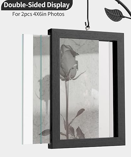 Miniatura 5 de Afuly Marco de Fotos 4x6 Negro con Soporte de Metal Jarrón de Vidrio, Marcos de Fotos de Vidrio de Doble Cara, Marcos de Fotos de Madera Escritorio