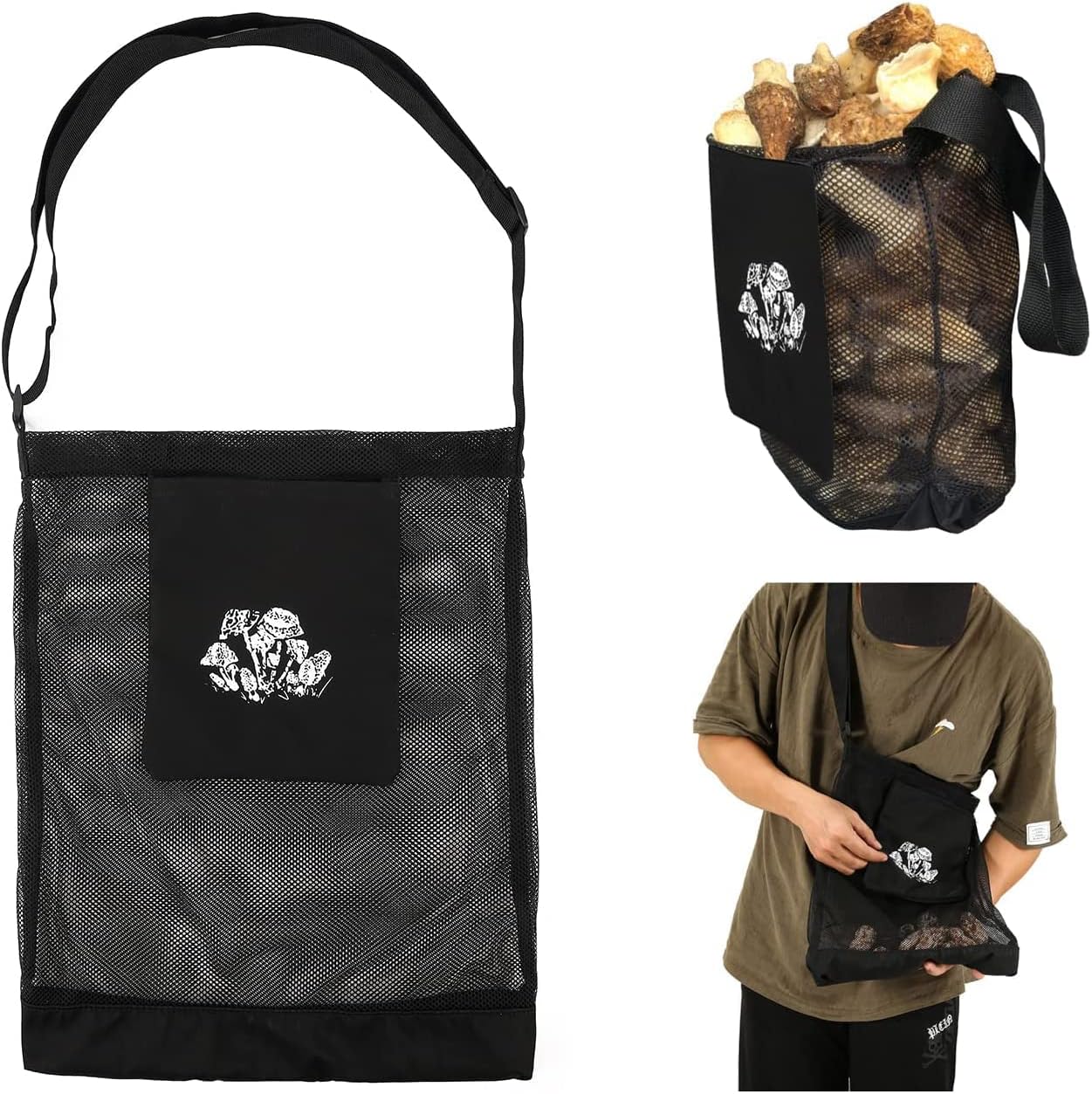 Qchengsan Mushroom Bag, 17 Inch Foraging Pouch Bag, Mesh Cross-body Drawstring Bag - Easily Replace Fruit Gathering basket or Picking Apron, Great for Bushcraft & Garden Enthusiasts