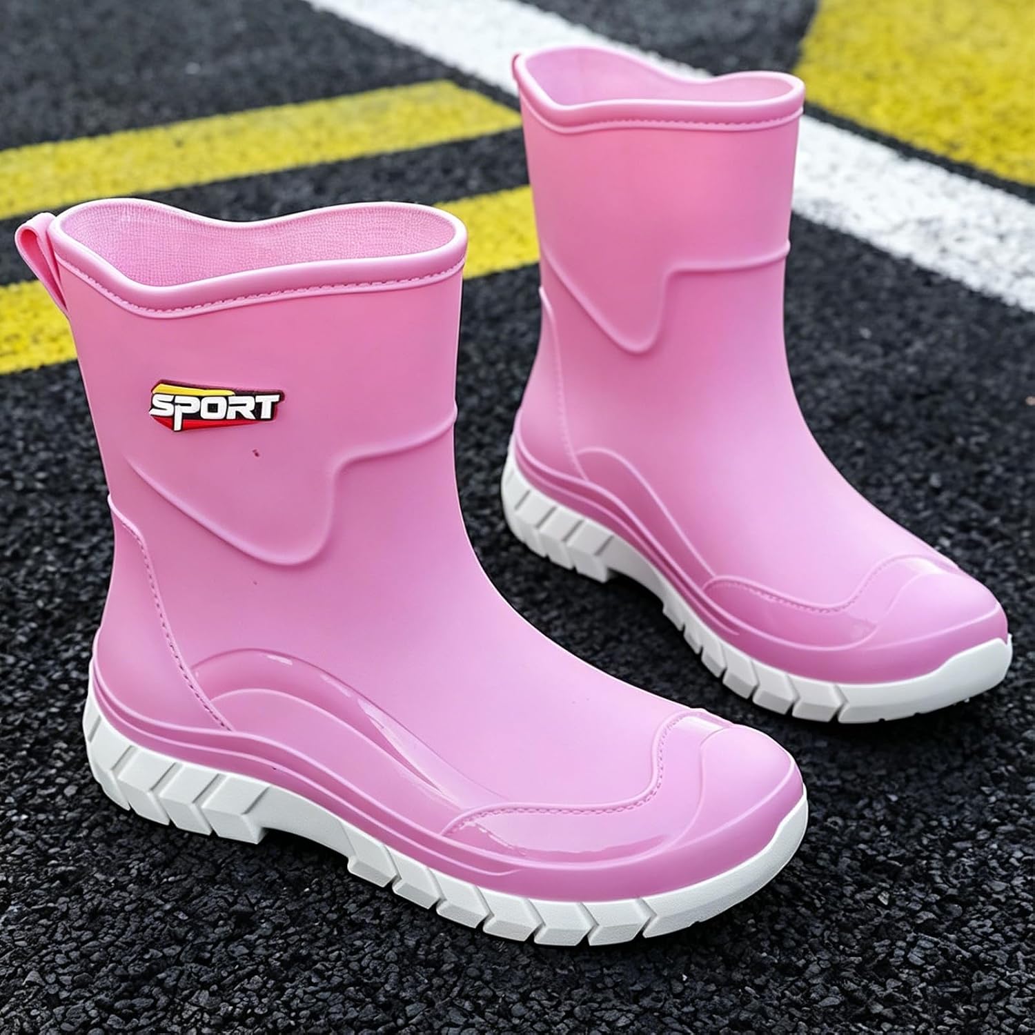 Women's PVC Waterproof Mid Calf Rain Boots Ankle-Height Chunky Sole Slip-Resistant Outdoor Rubber Garden Wide Calf Boots Mid Height Rain Shoes for Hiking Rainy Walks Yard Work