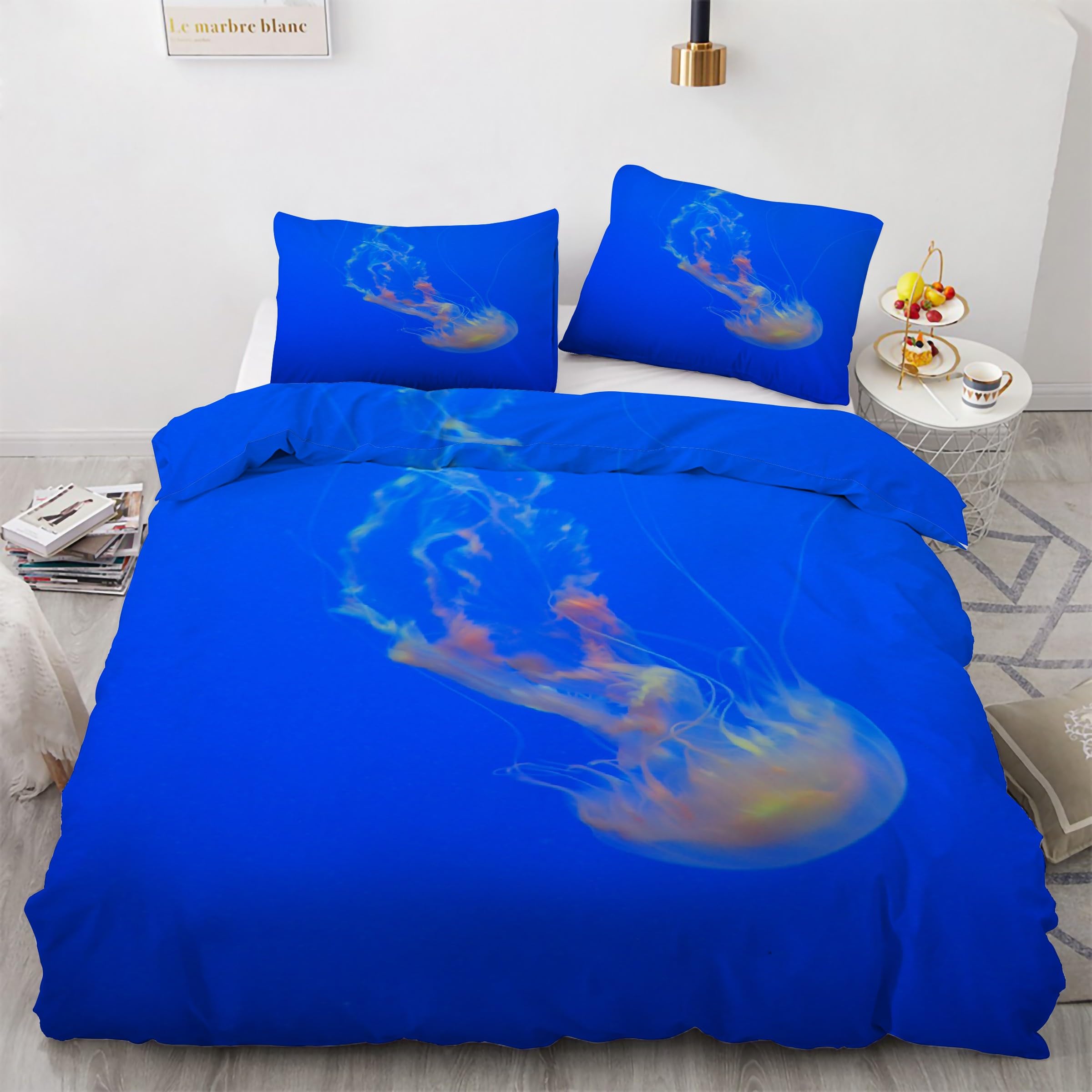 Housse de couette 220x240 bleu méduse avec 2 taies d'oreiller en microfibre douce