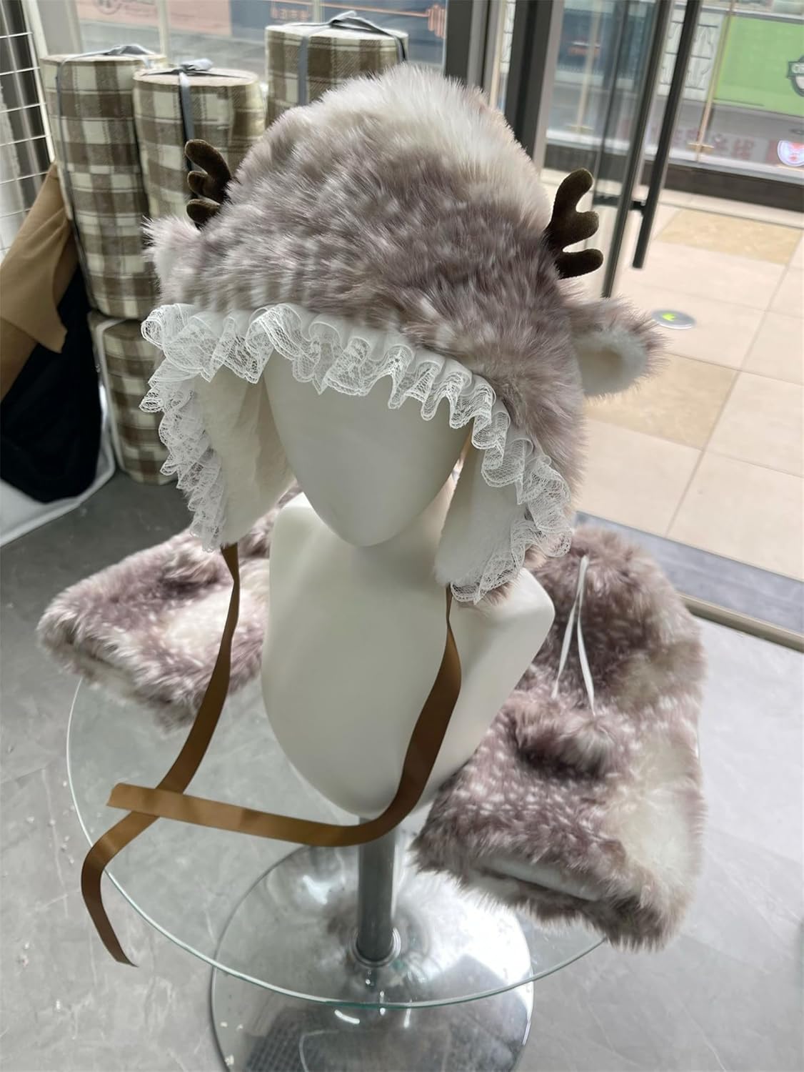 Y2k Deer Print Furry Leg Warmers for Women, Cartoon Head Wrap Lace Brim Hat Costume Clothes Accessories