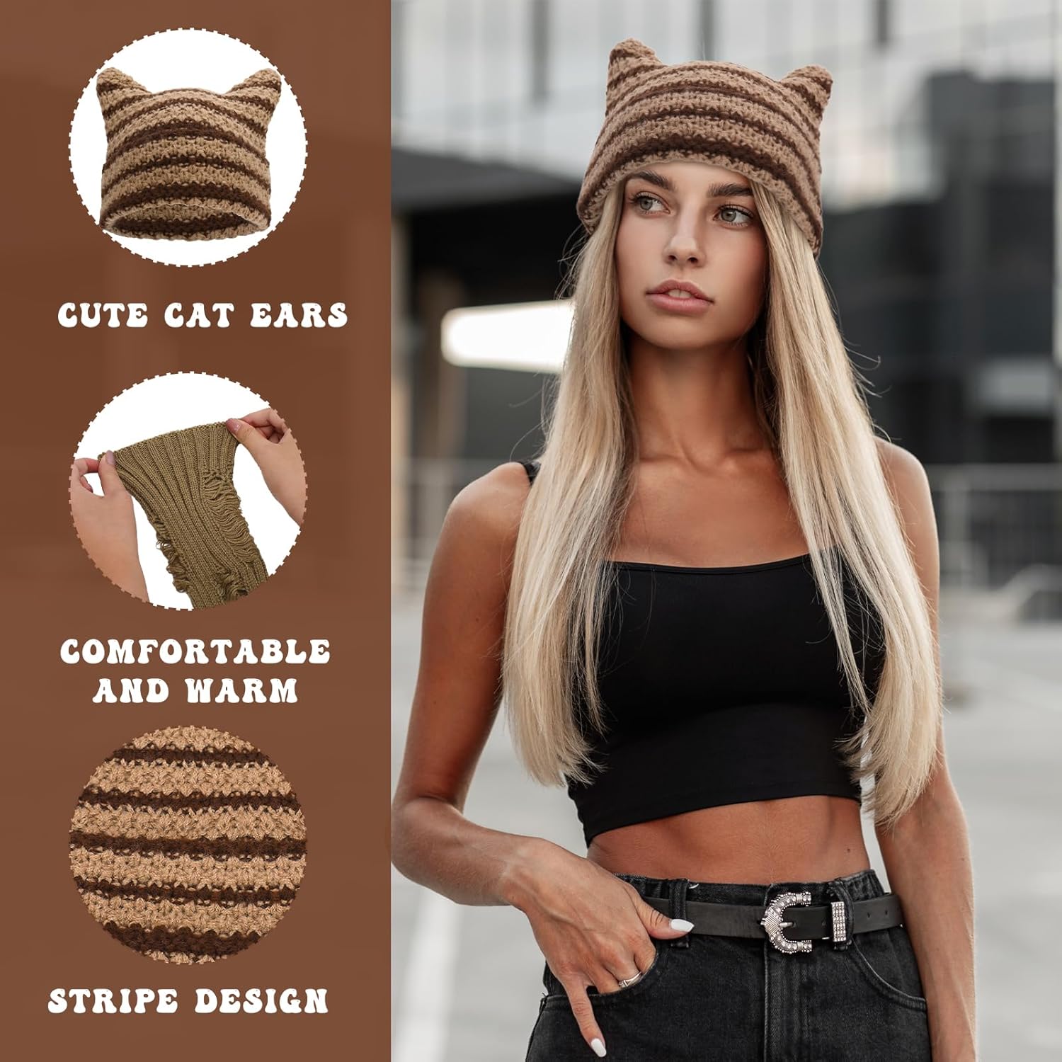 5 Pcs Y2K Clothes Accessories Y2k Grunge Cat Ear Beanie with Fingerless Gloves Bracelets Buckle pins for Women Girls Grunge Accessories Brown - Image 3