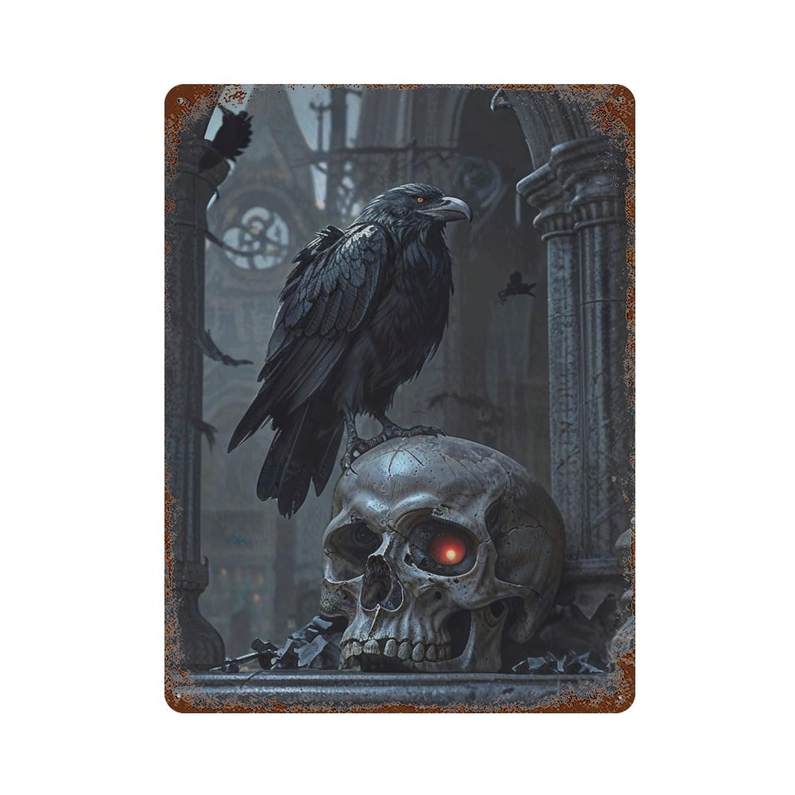 Rust Effect Tin Sign Gothic Skull And Raven 15.7"x11.8", Vintage Wall Decor for Basement, Hobby Room And Garage Decor