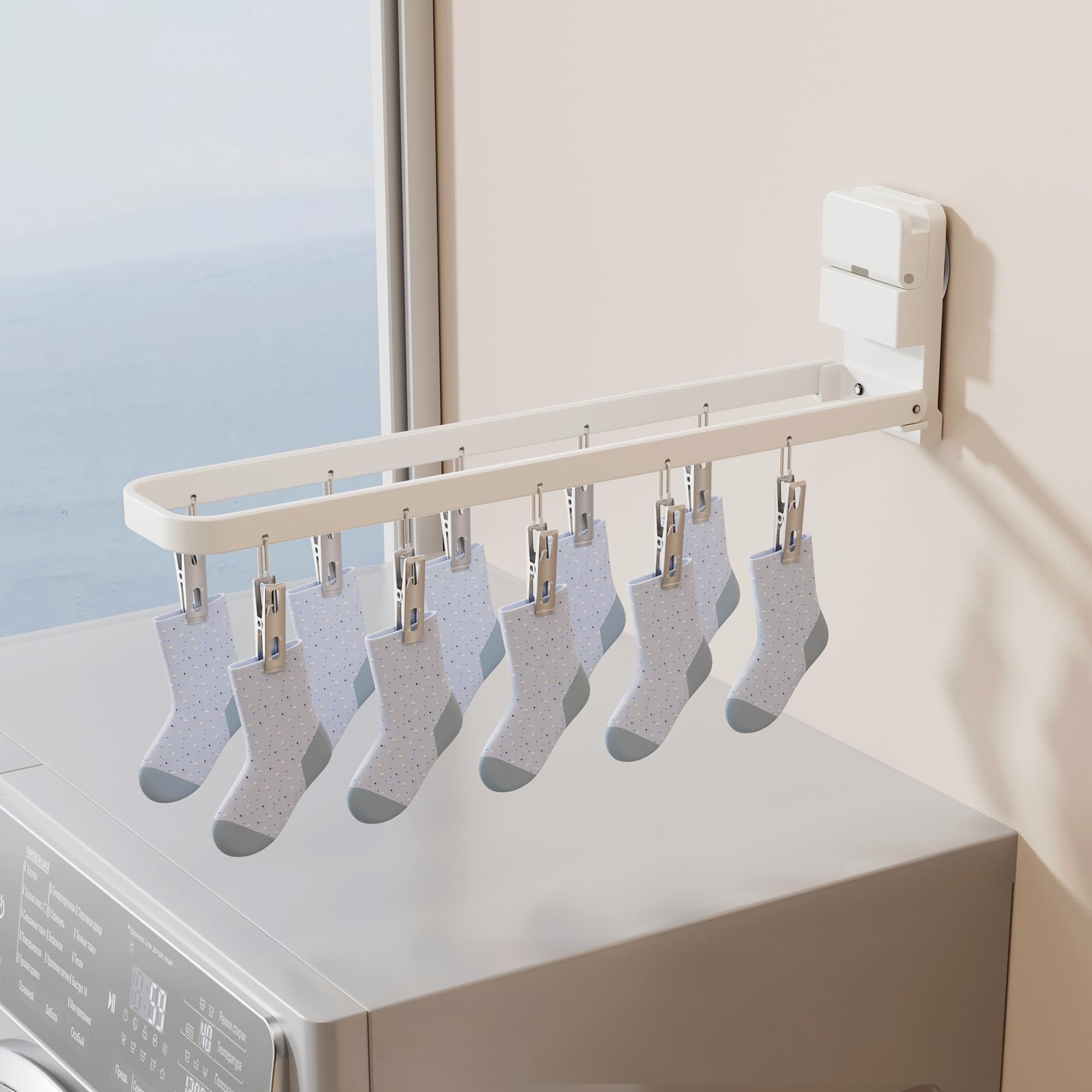 Stendibiancheria da parete con 20 clip, portatile e pieghevole, per asciugare calzini, reggiseni, biancheria intima, vestiti per bambini, asciugamani (bianco)