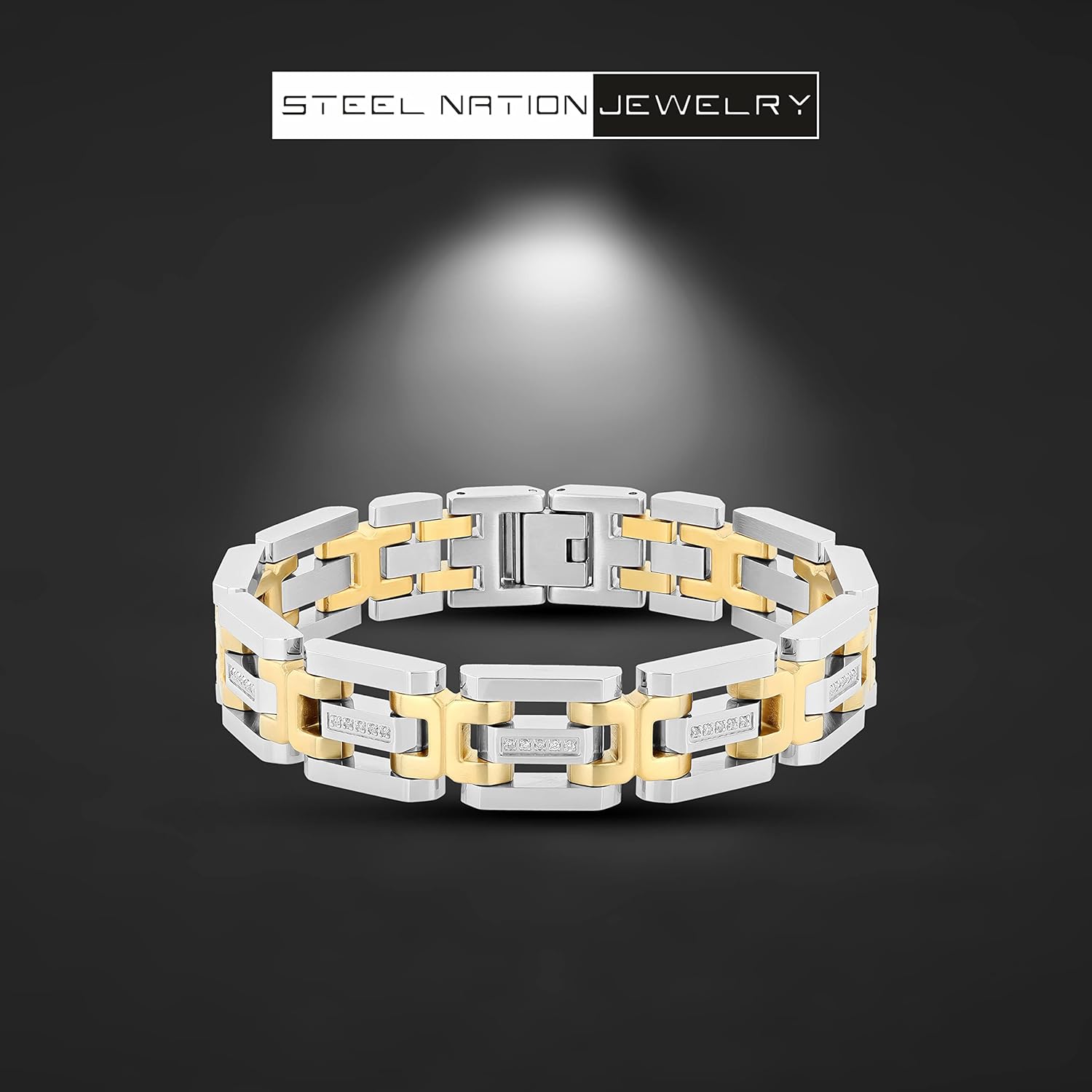 Men's 8.5" Two Tone Diamond Link Bracelet, Gold-Plated Stainless Steel Single Locking Clasp - Image 6