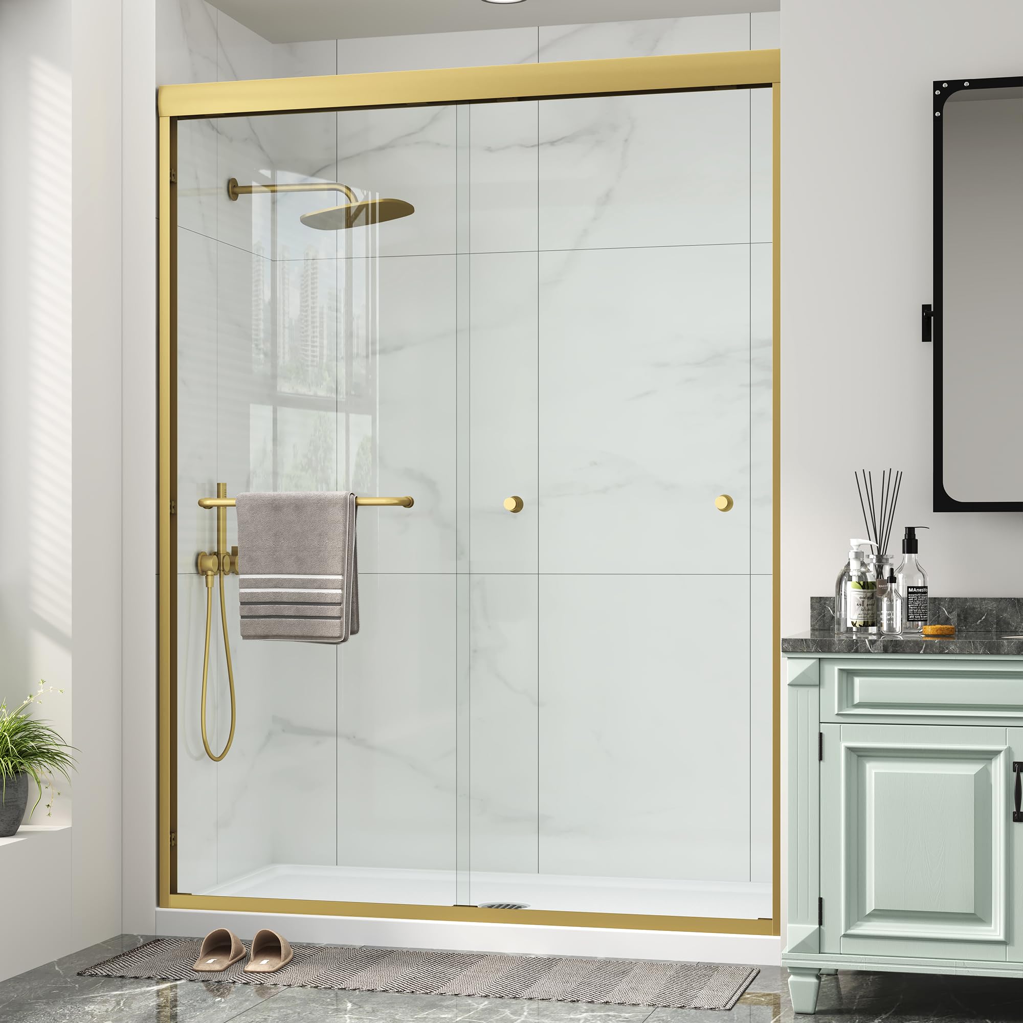 Photo 1 of EPDXLXM Double Sliding Shower Door, 55-60" Wx72"H, Brushed Gold