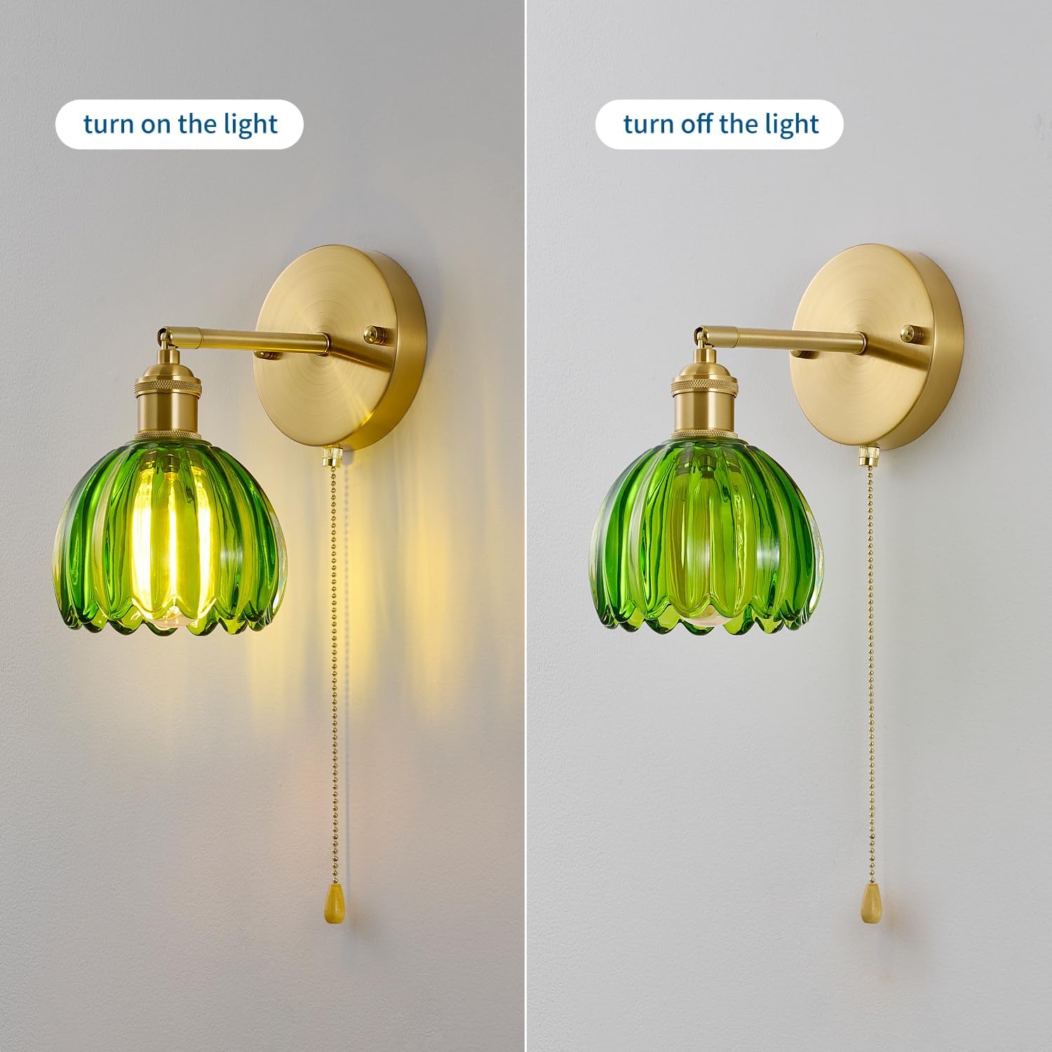 Vintage Wall Sconces with Pullswitch, 180 Degree Adjustable, Hradwired Modern Wall Lighting Fixture with Green Tulip Glass Lampshade for Bedroom Bedside Bathroom(2pack)