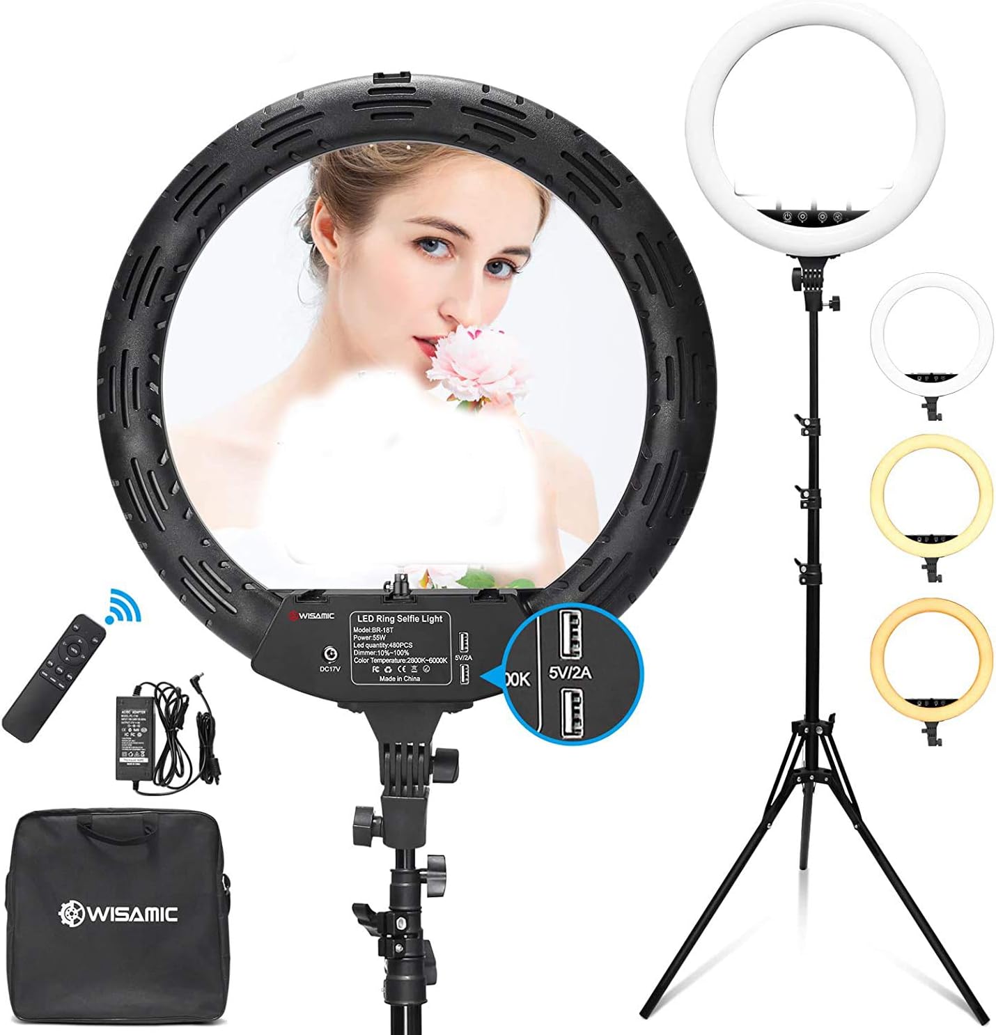 WISAMIC 18 inch LED Ring Light with Stand: Phone Holder Touch and Remote Control Bi-Color Dimmable 2800K-6000K for Selfie Makeup Camera Phone YouTube Video Photography Lighting