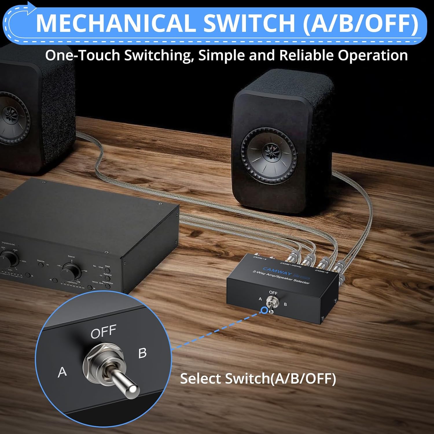 CAMWAY 2-Way Amplifier Speaker Selector Switch Box,Connect 2 Amps to 1 Speaker Pair or 1 Amp to 2 Speaker Pairs, A/B/Off No Need Power,Amp Speaker Switcher for Home Party Garage Music Studio Audio