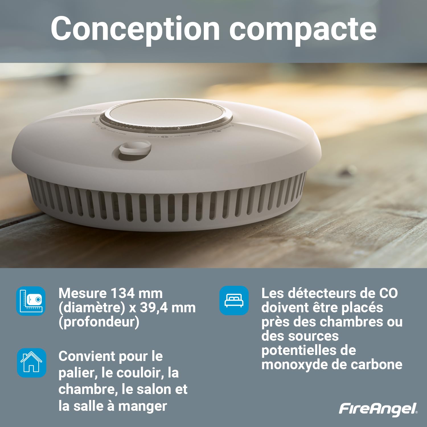 FireAngel SCB10-INT Détecteur Combiné de Fumée et de Monoxyde de Carbone, Détecteurs de Fumée et de CO Combinés pour la Maison, Durée de Vie de 10 Ans