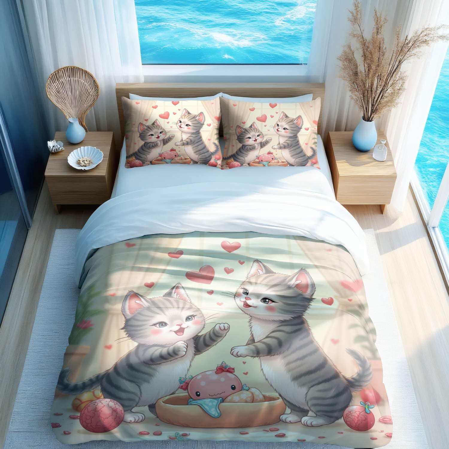 Parure de lit chat mignon lit simple avec deux taies d'oreiller 50x75 cm