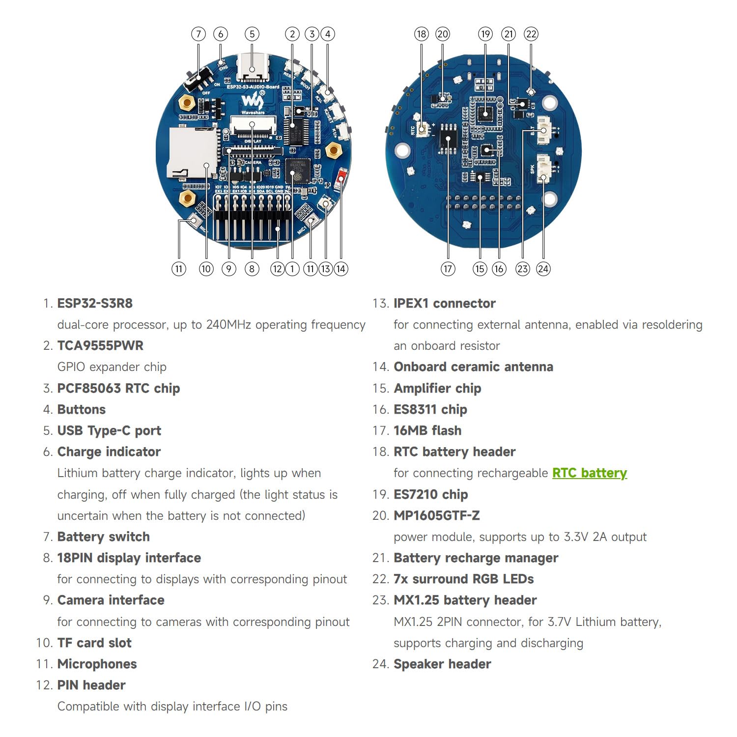 Waveshare ESP32-S3 AI Smart Speaker Development Board, Dual Microphones, Noise Reduction, RGB Lighting, External Display & Camera Support