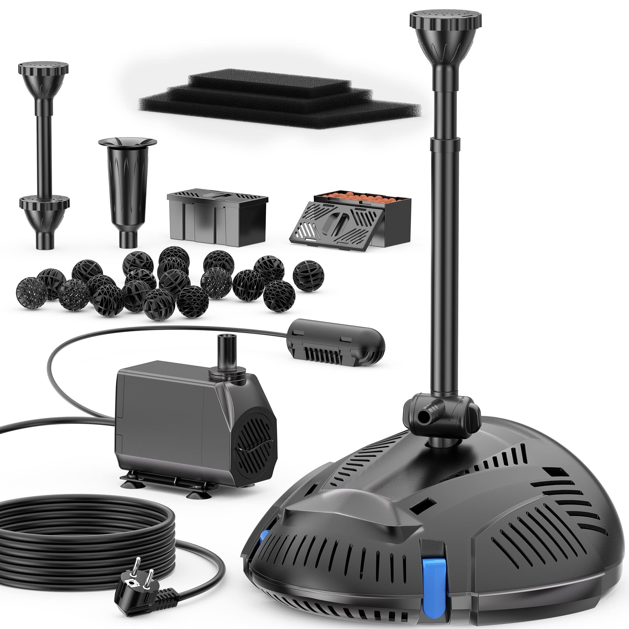 Biling All-in-One filtr do oczka wodnego z oczyszczaczem UV, 40 W, 2500 l/h, pompa do oczka wodnego z 3 fontannami, cicha pompa filtrująca do stawu do 3000 litrów, oczka wodnego, oczka wodnego, żaby